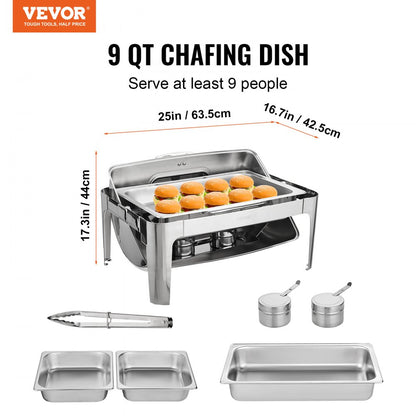 DT-C1105 - 9Qt Stainless Steel Roll Top Chafing Dish with Glass Lid