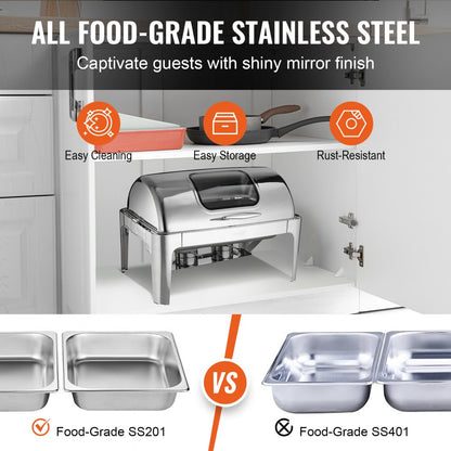 DT-C1105 - 9Qt Stainless Steel Roll Top Chafing Dish with Glass Lid