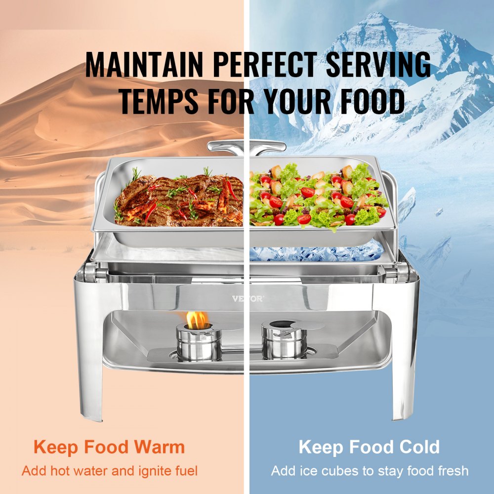 DT-C1105 - 9Qt Stainless Steel Roll Top Chafing Dish with Glass Lid