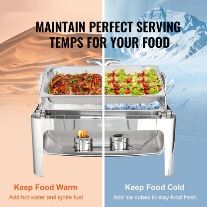 DT-C1105 - 9Qt Stainless Steel Roll Top Chafing Dish with Glass Lid