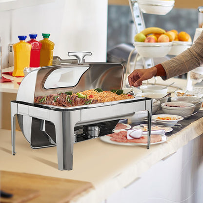 DT-C1105 - 9Qt Stainless Steel Roll Top Chafing Dish with Glass Lid