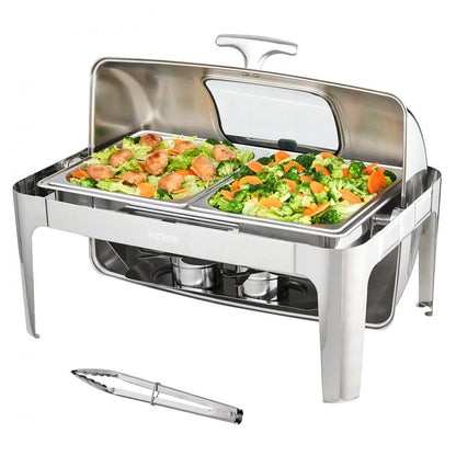 DT-C1105 - 9Qt Stainless Steel Roll Top Chafing Dish with Glass Lid