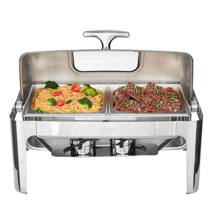 DT-C1105 - 9Qt Stainless Steel Roll Top Chafing Dish with Glass Lid