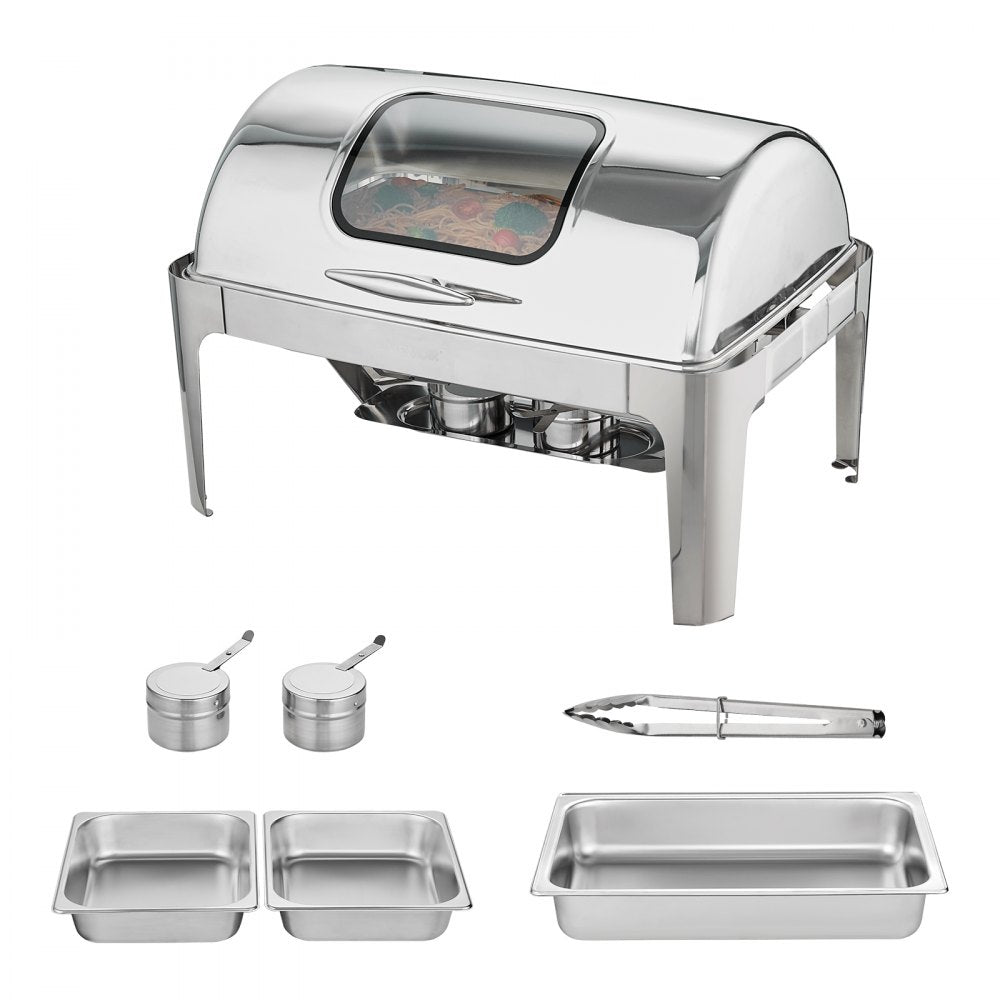 DT-C1105 - 9Qt Stainless Steel Roll Top Chafing Dish with Glass Lid