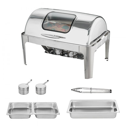 DT-C1105 - 9Qt Stainless Steel Roll Top Chafing Dish with Glass Lid