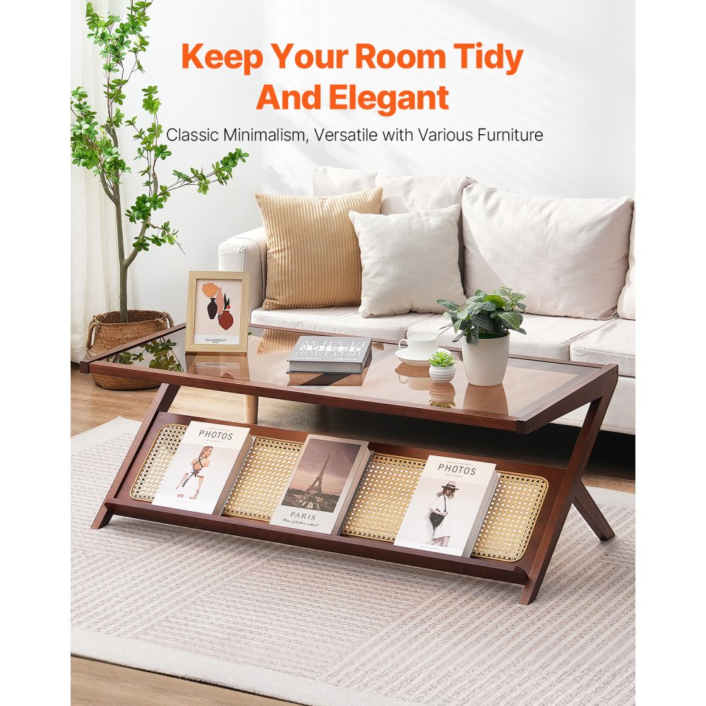 NR-GR-02 - Durable Glass-Top Rattan Coffee Table with Bamboo Frame