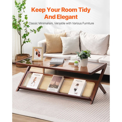 NR-GR-02 - Durable Glass-Top Rattan Coffee Table with Bamboo Frame