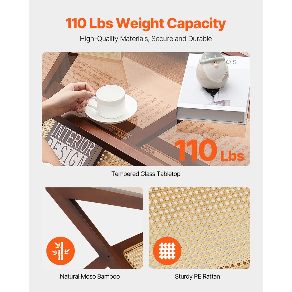 NR-GR-02 - Durable Glass-Top Rattan Coffee Table with Bamboo Frame