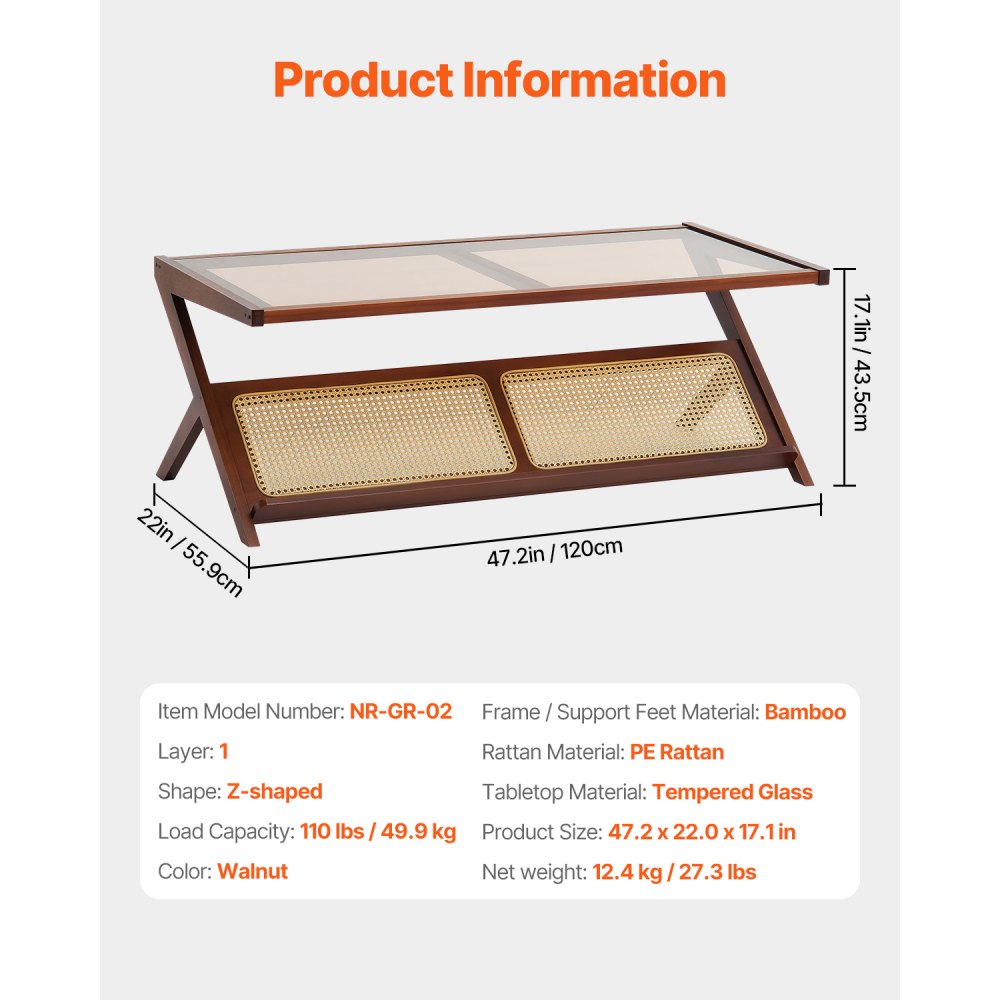 NR-GR-02 - Durable Glass-Top Rattan Coffee Table with Bamboo Frame