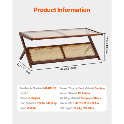 NR-GR-02 - Durable Glass-Top Rattan Coffee Table with Bamboo Frame