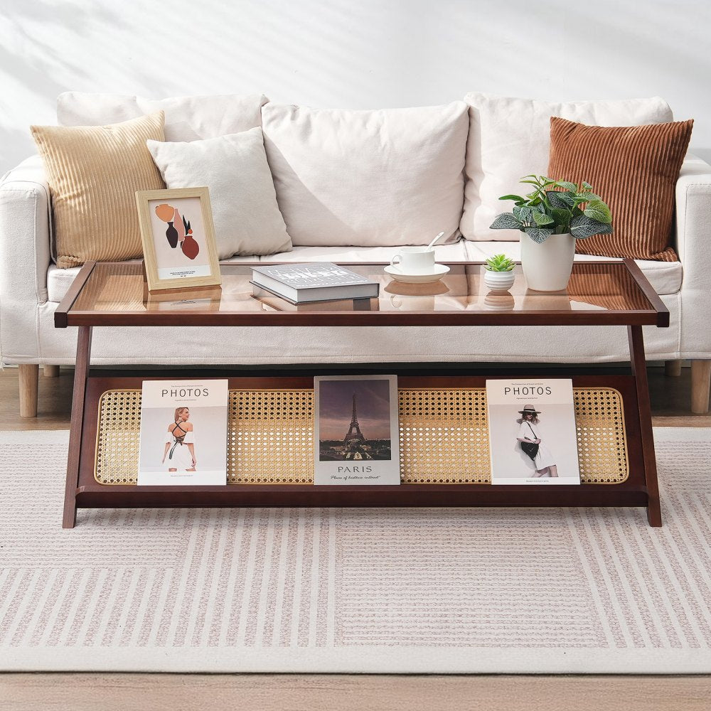 NR-GR-02 - Durable Glass-Top Rattan Coffee Table with Bamboo Frame