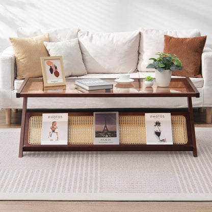 NR-GR-02 - Durable Glass-Top Rattan Coffee Table with Bamboo Frame