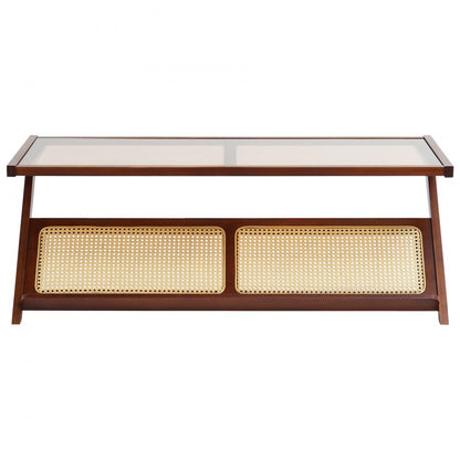 NR-GR-02 - Durable Glass-Top Rattan Coffee Table with Bamboo Frame