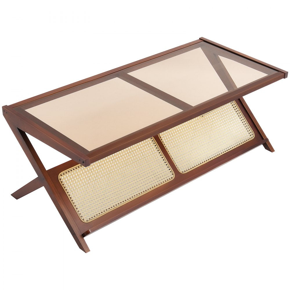 NR-GR-02 - Durable Glass-Top Rattan Coffee Table with Bamboo Frame