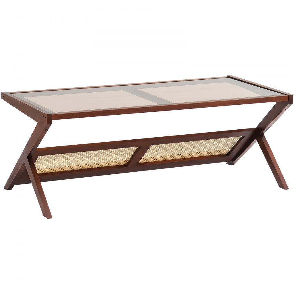 NR-GR-02 - Durable Glass-Top Rattan Coffee Table with Bamboo Frame