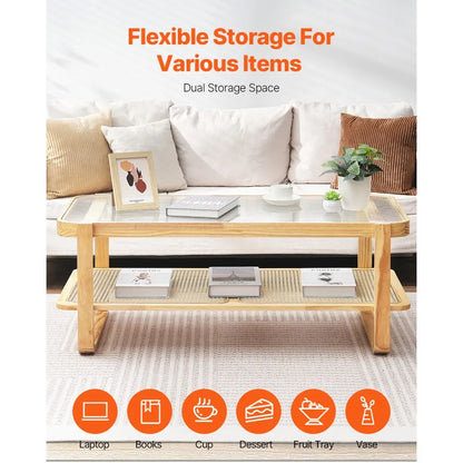 CT-GRR - Stylish Rattan Coffee Table with Glass Top, 45.3" x 22.4"