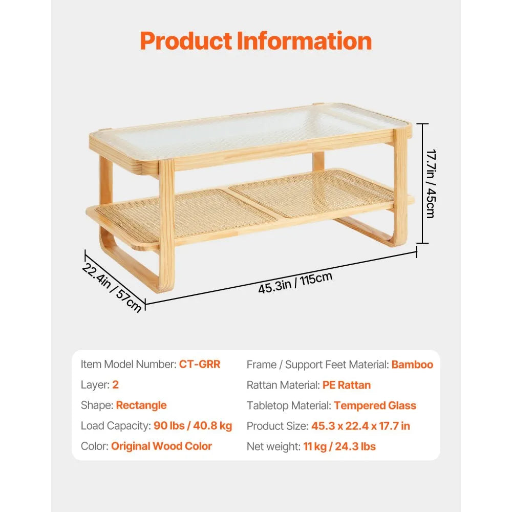 CT-GRR - Stylish Rattan Coffee Table with Glass Top, 45.3" x 22.4"