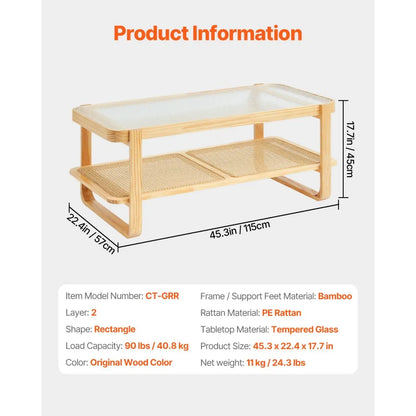 CT-GRR - Stylish Rattan Coffee Table with Glass Top, 45.3" x 22.4"
