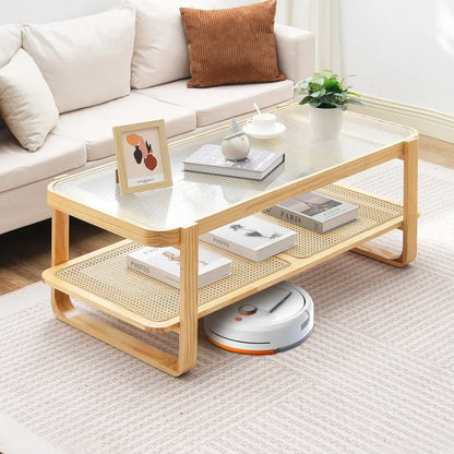 CT-GRR - Stylish Rattan Coffee Table with Glass Top, 45.3" x 22.4"