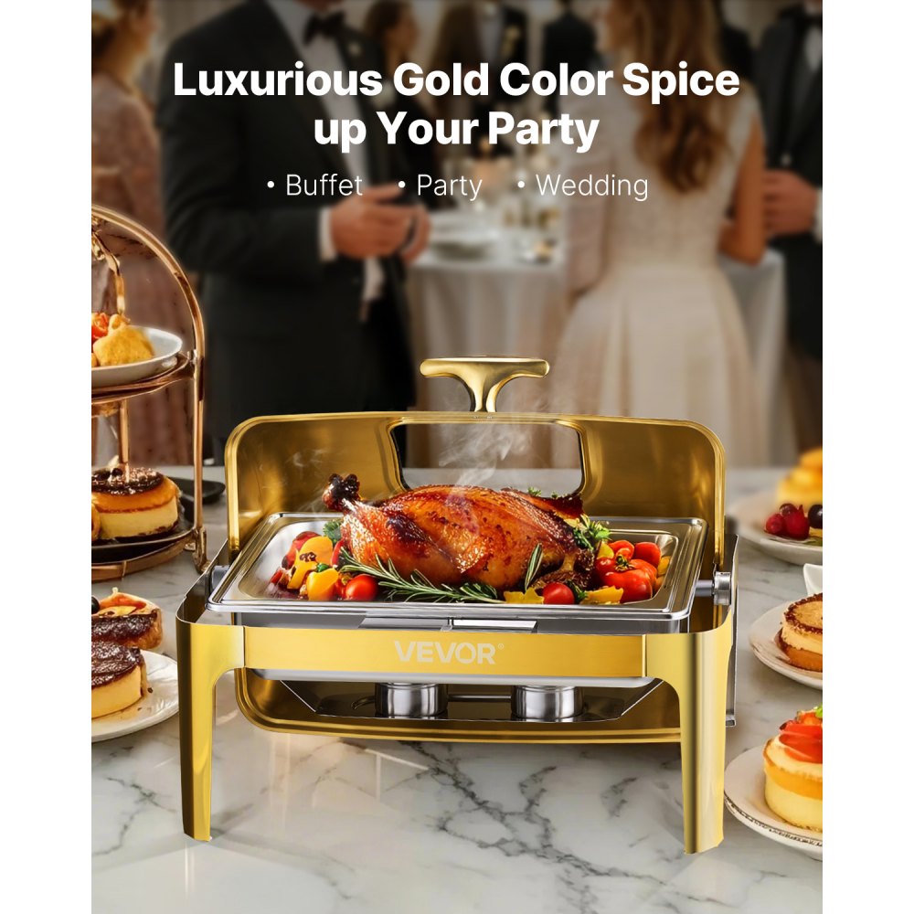 JZY723KSDJ1/1 - Elegant 9Qt Gold Stainless Steel Chafing Dish with Roll Top