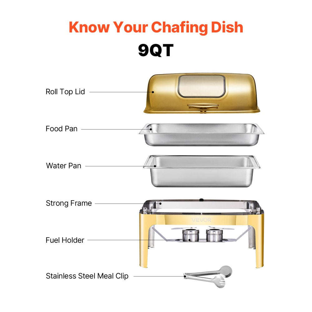 JZY723KSDJ1/1 - Elegant 9Qt Gold Stainless Steel Chafing Dish with Roll Top