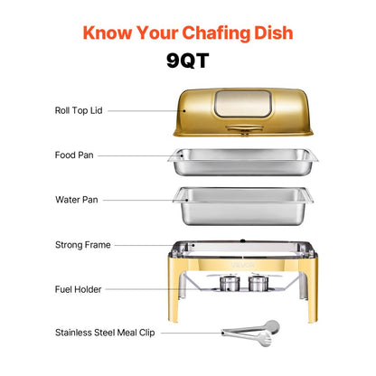 JZY723KSDJ1/1 - Elegant 9Qt Gold Stainless Steel Chafing Dish with Roll Top