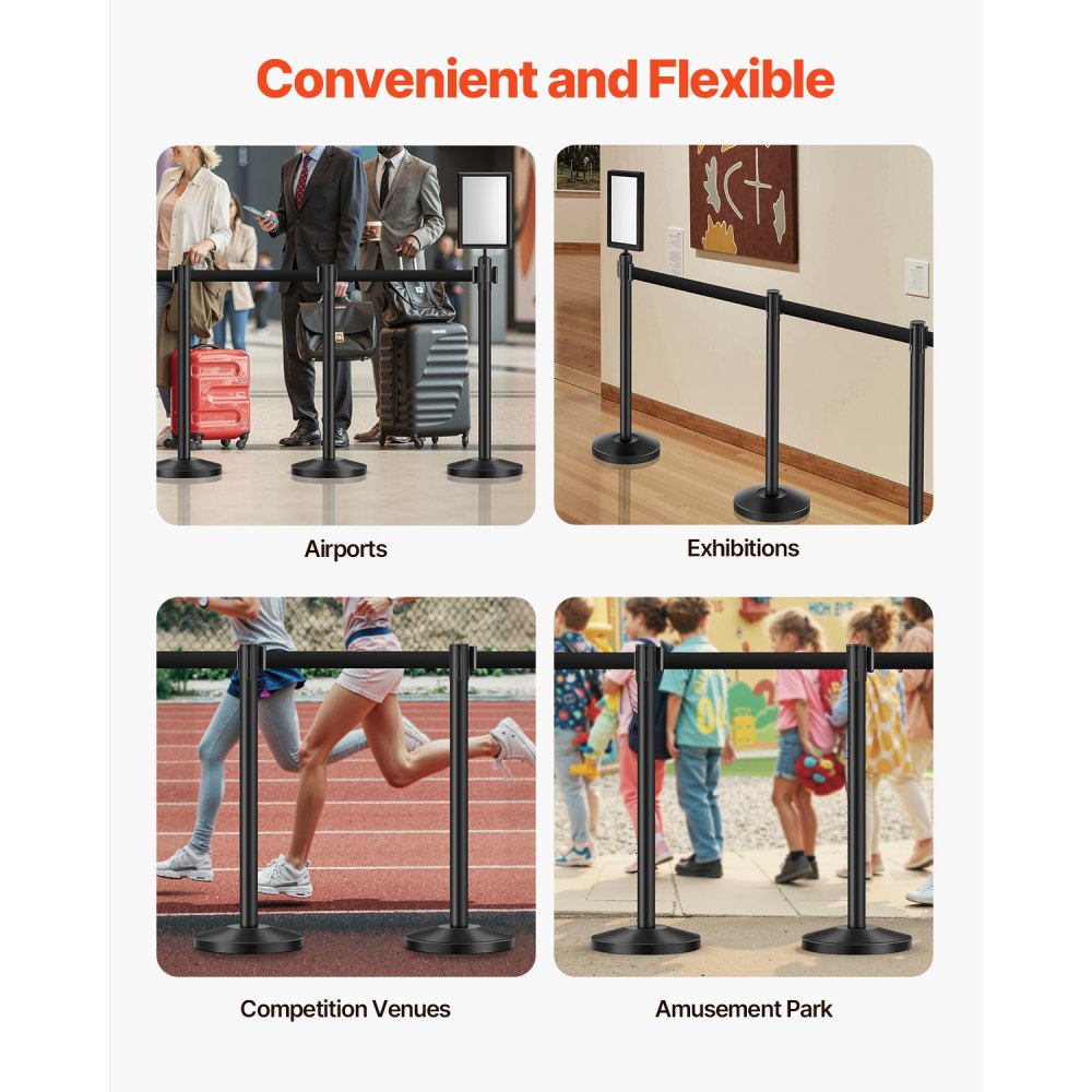 HGH2M320ZDTC-8 - Durable Black Stanchion Post with Retractable Belt & Sand-Filled Base