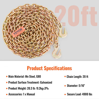 010712695840 - Heavy-Duty G80 Tow Chain, 4900 lbs Capacity, Rust-Resistant