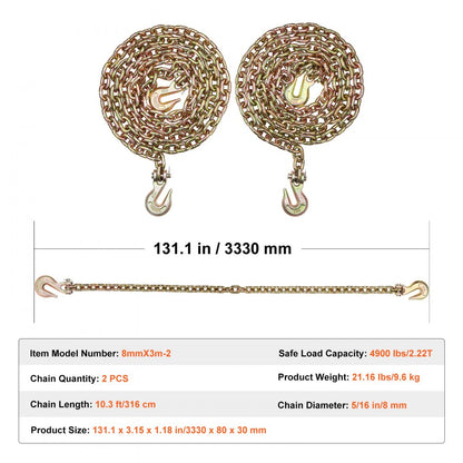 8mmX3m-2 - Heavy Duty G80 Chain with Hooks for Secure Cargo Tie-Down
