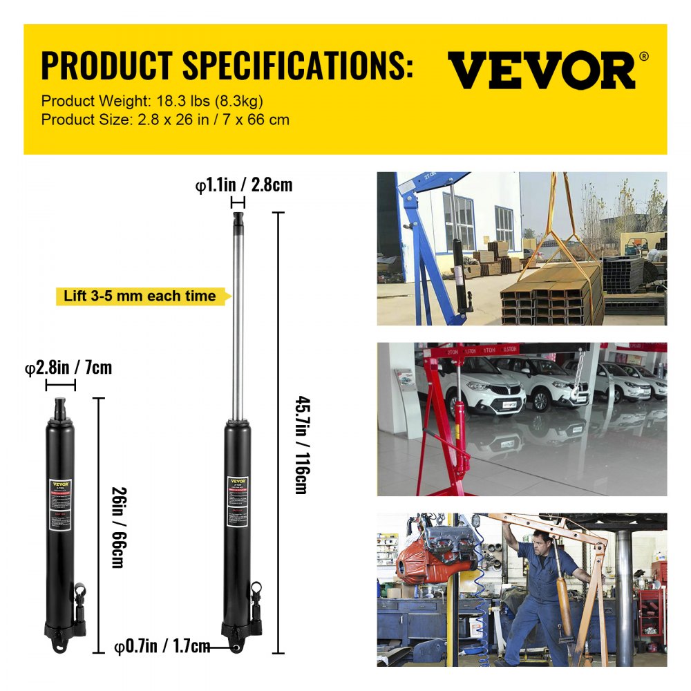 VV-CGQJD-LDJ-3T - 3-Ton Hydraulic Long Ram Jack for Shop Cranes