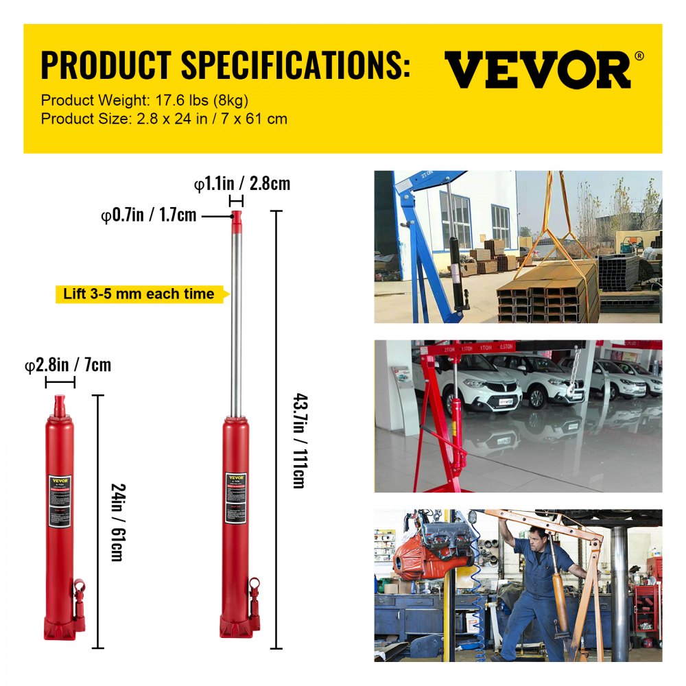 VV-CGQJD-HODP-4T - 4T Hydraulic Long Ram Jack, Lifts 24"-43.7" with Ease