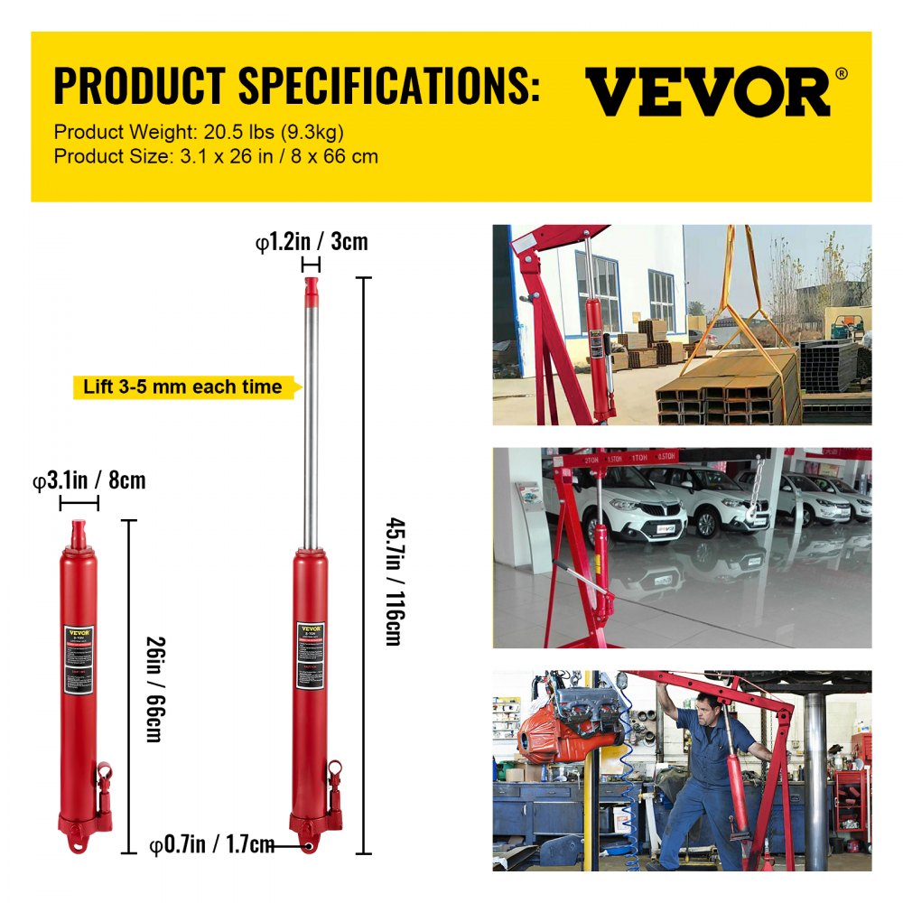 VV-CGQJD-HODJ-8T - 8-Ton Long Ram Hydraulic Jack for Shop Cranes