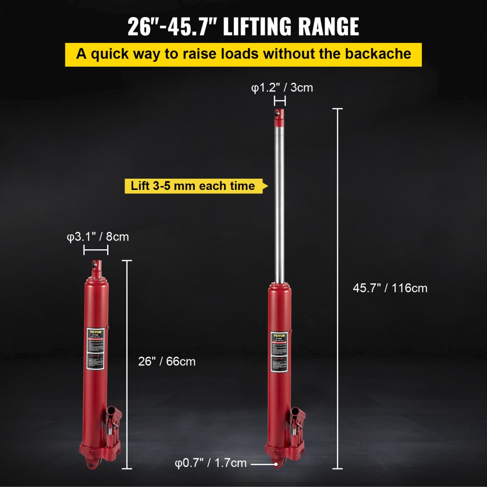 VV-CGQJD-HOSJ-8T - 8-Ton Long Ram Hydraulic Jack, 26"-45.7" Lift Range