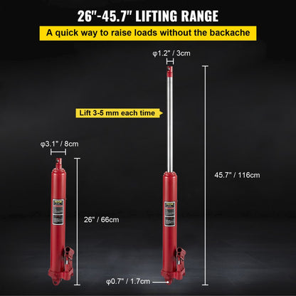 VV-CGQJD-HOSJ-8T - 8-Ton Long Ram Hydraulic Jack, 26"-45.7" Lift Range