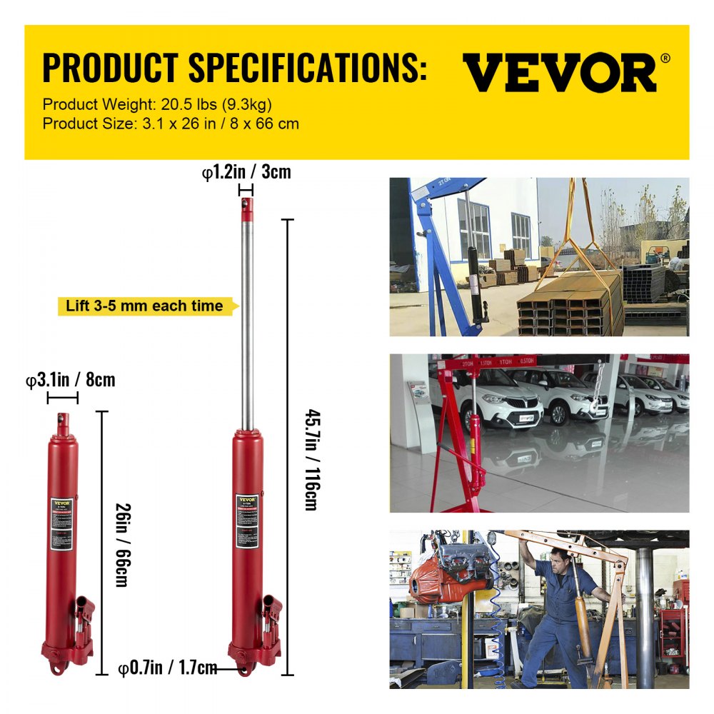 VV-CGQJD-HOSJ-8T - 8-Ton Long Ram Hydraulic Jack, 26"-45.7" Lift Range