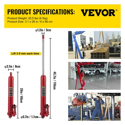 VV-CGQJD-HOSJ-8T - 8-Ton Long Ram Hydraulic Jack, 26"-45.7" Lift Range