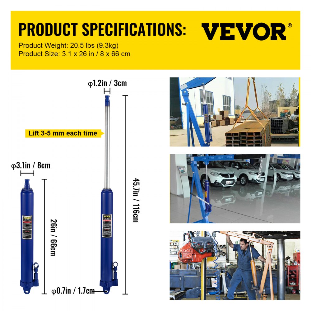 VV-CGQJD-LDJ-8T - 8-Ton Hydraulic Long Ram Jack, 26"-45.7" Lift Range