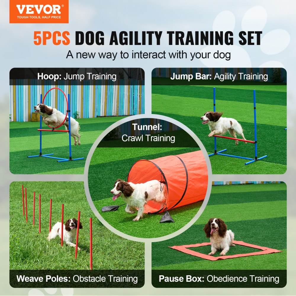 HC-ZAG01 - Lightweight 5-Piece Dog Agility Kit with Hurdles & Tunnel