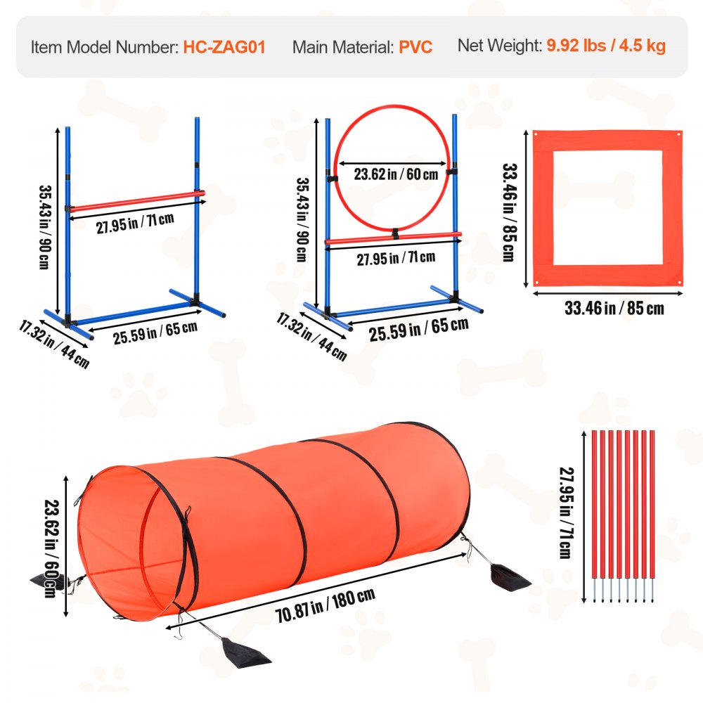 HC-ZAG01 - Lightweight 5-Piece Dog Agility Kit with Hurdles & Tunnel
