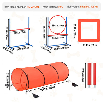HC-ZAG01 - Lightweight 5-Piece Dog Agility Kit with Hurdles & Tunnel