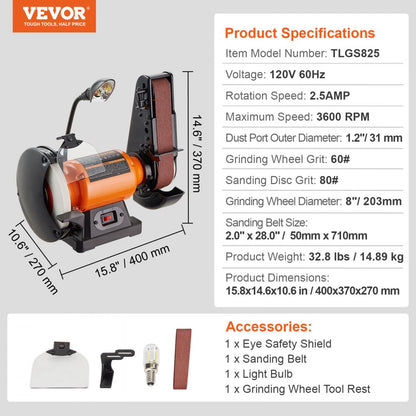 TLGS825 - VEVOR 8-Inch Grinder & 2x28-Inch Belt Sander Combo, 3600 RPM