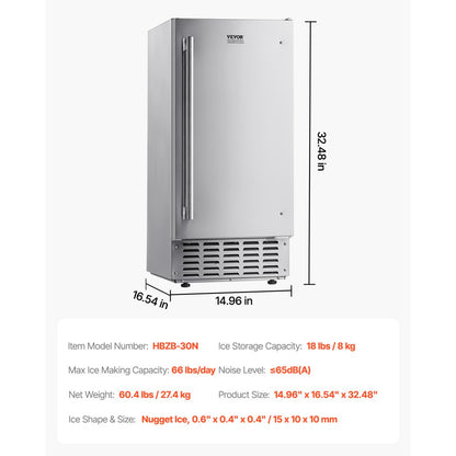 HBZB-30N - 66 lbs/Day Built-in Nugget Ice Maker with Reversible Door