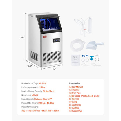 SKF-B40F - 80lbs Daily Commercial Ice Maker with Self-Cleaning Function