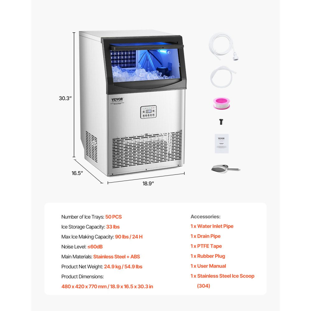 CIM-500T - 90lbs/Day Commercial Ice Maker with Self-Cleaning Function