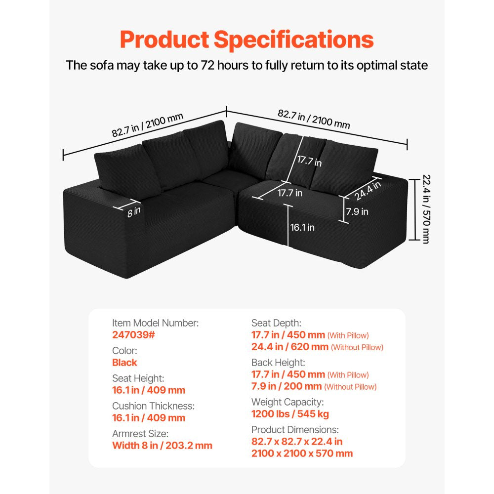 247039# - Adjustable Modular Corduroy Sofa with Spacious Armrests