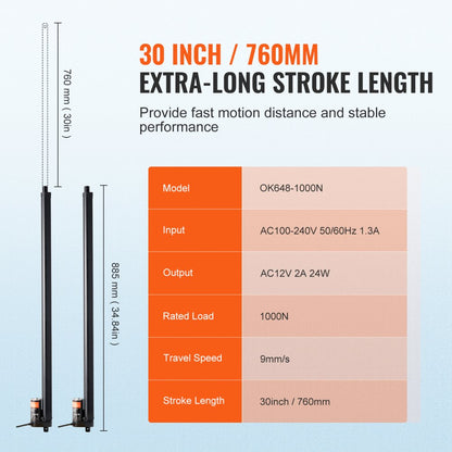 OK648 - High-Speed Linear Actuator Kit, 30 Inch, 220lbs Capacity