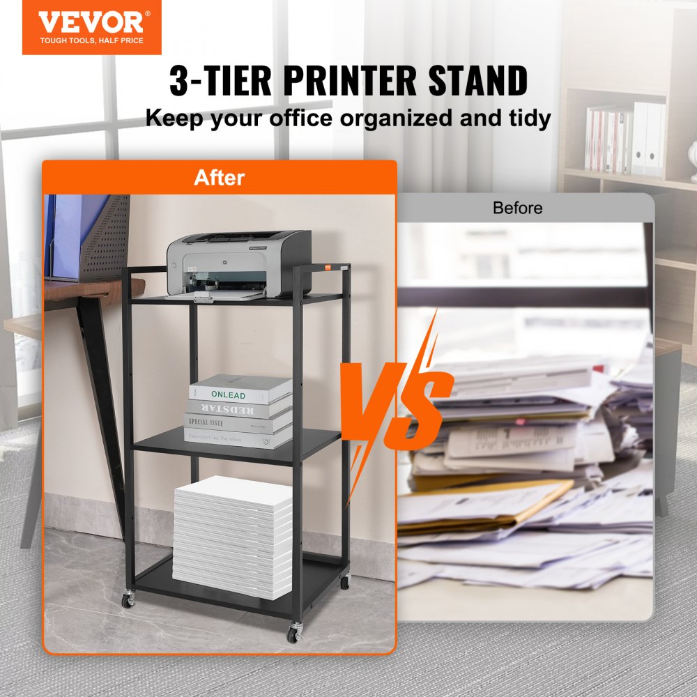 010449333536 - Adjustable Printer Stand with Wheels and 3 Tiers for Organization