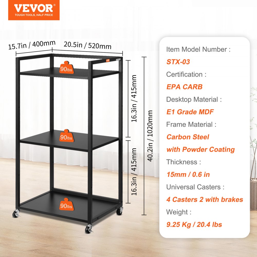 010449333536 - Adjustable Printer Stand with Wheels and 3 Tiers for Organization