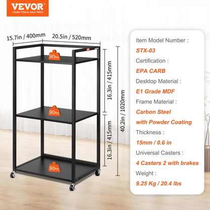 010449333536 - Adjustable Printer Stand with Wheels and 3 Tiers for Organization
