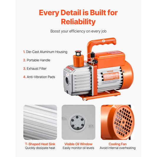 VP125 - 3.5CFM HVAC Vacuum Pump with Quick Evacuation and Copper Motor